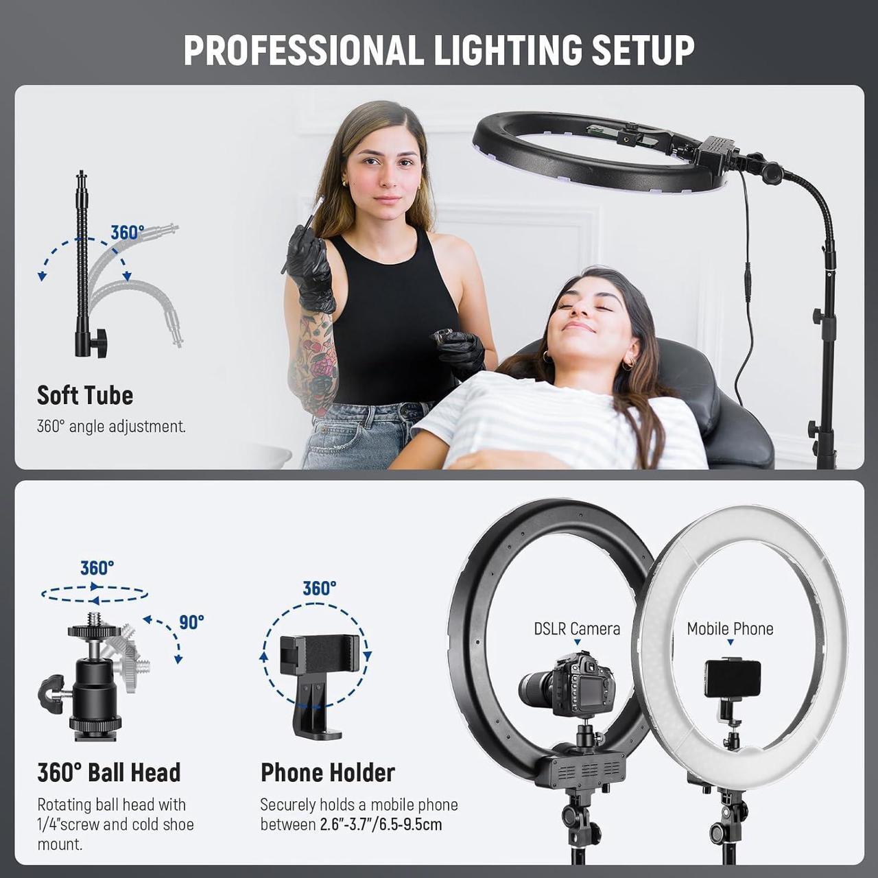 Alt view image 6 of 7 - NEEWER Ring Light 18inch Kit: 55W 5600K Professional LED with Stand and Phone Holder, Soft Tube & Bag for Tattoo Lash Extension Barber Makeup Artist Studio Video Photography Lighting, RL-18