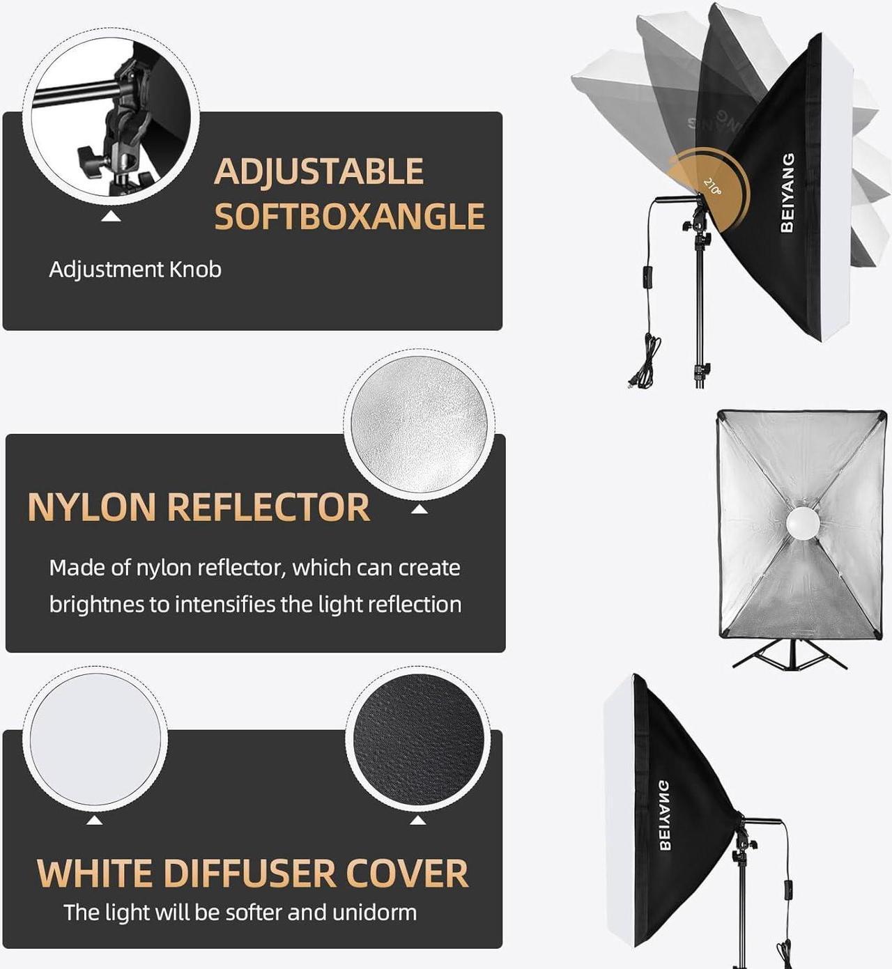 Alt view image 6 of 7 - Softbox Lighting Kit Photography Soft Box 20'' X 28'', 85W Studio 6000k Bulb LED Light, 6.7'Light Stand, Remote Set, BEIYANG