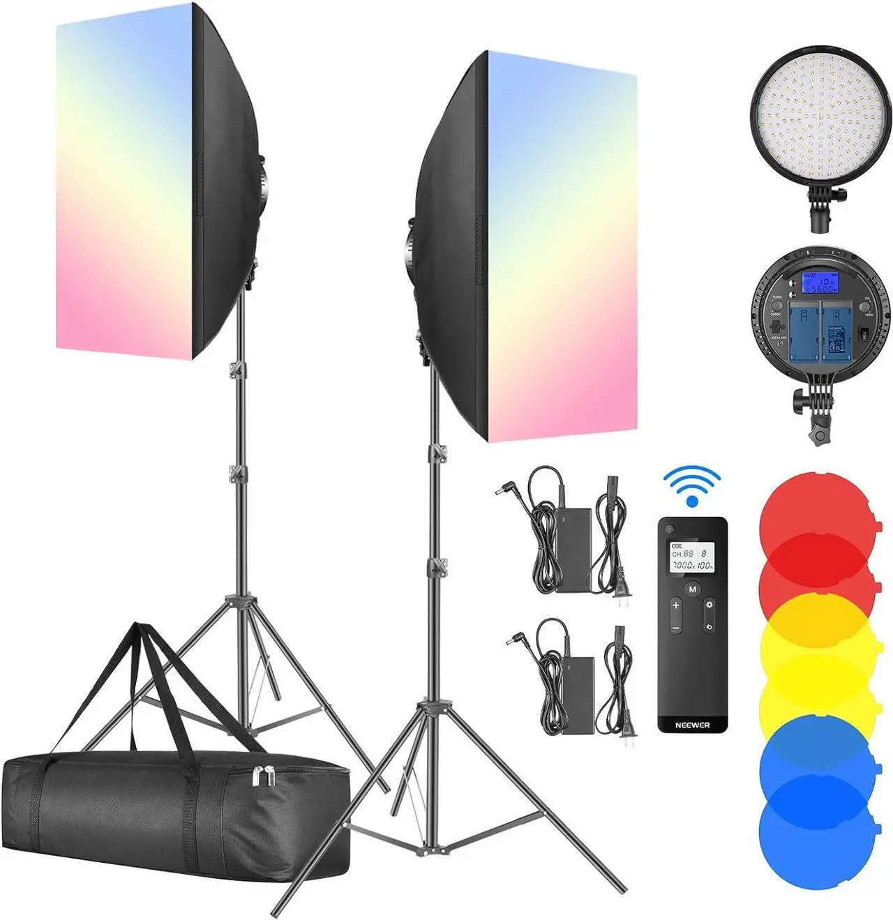 Main image of NEEWER LED Softbox Lighting Kit with 2.4G Remote, 2 Pack 48W Bi Color Continuous Photography Light 2900K-7000K, Color Filters/Stands/NP-F Battery Holder for Outdoor Video Recording, NW48 II