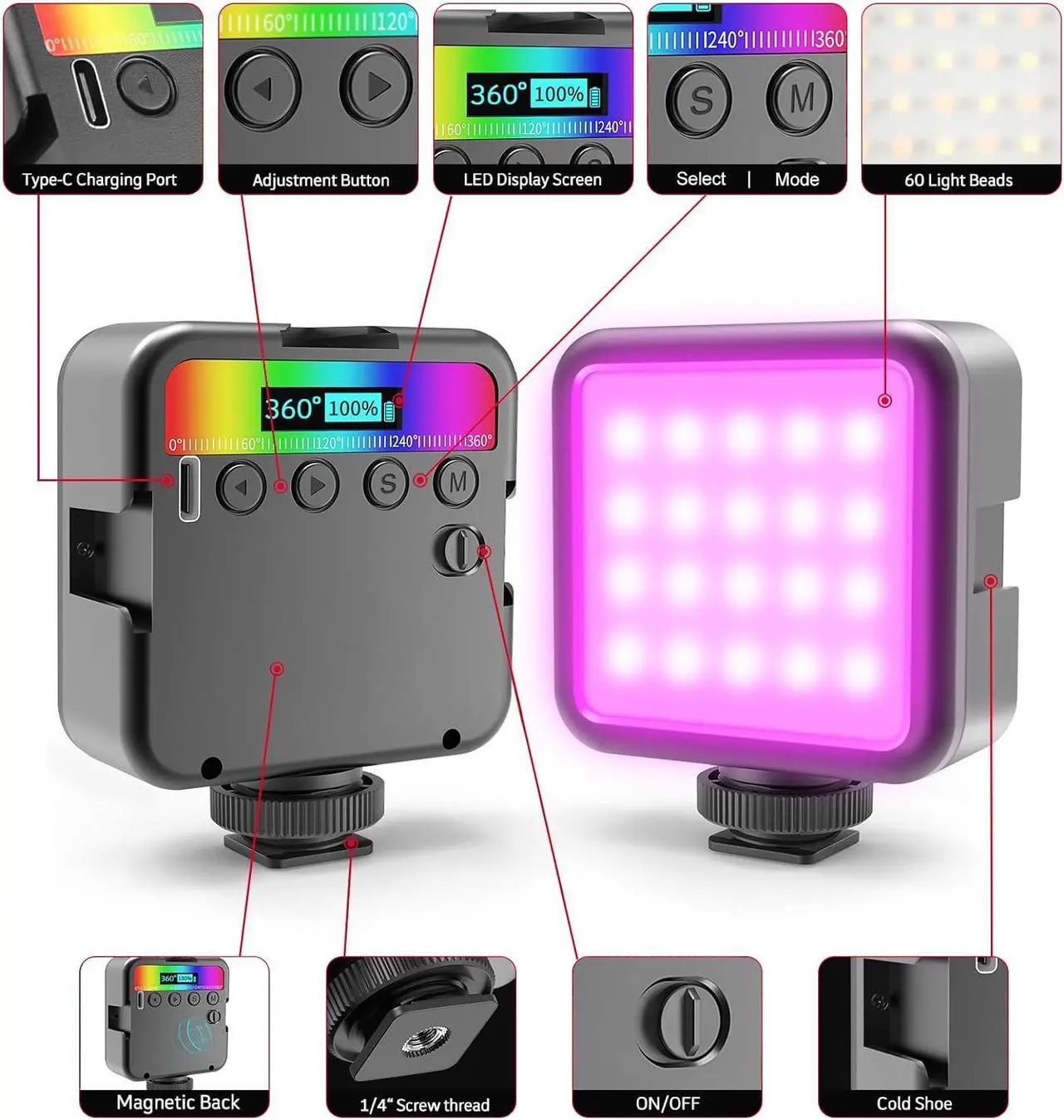 Alt view image 2 of 7 - Magnetic RGB Led Video Light LED Camera Light 360° Full Color Portable Photography Lighting Whit 3 Cold Shoe2000mAh Rechargeable CRI 96+/2500-9900K/13 Scene (Black)