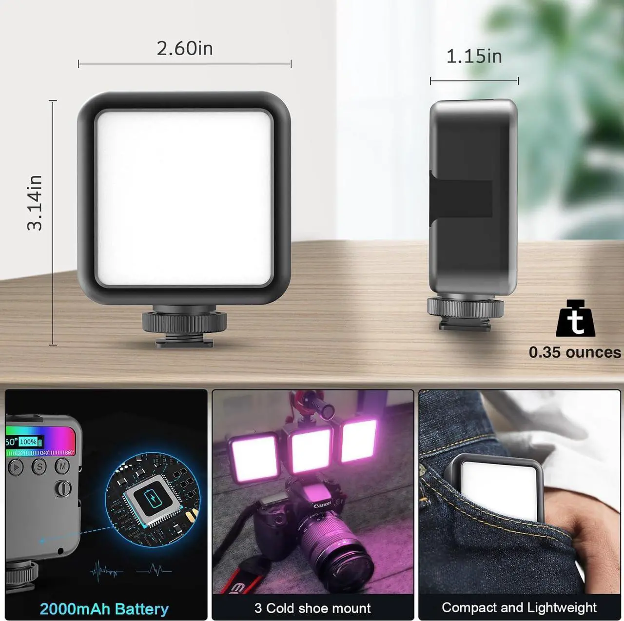 Alt view image 4 of 7 - Magnetic RGB Led Video Light LED Camera Light 360° Full Color Portable Photography Lighting Whit 3 Cold Shoe2000mAh Rechargeable CRI 96+/2500-9900K/13 Scene (Black)