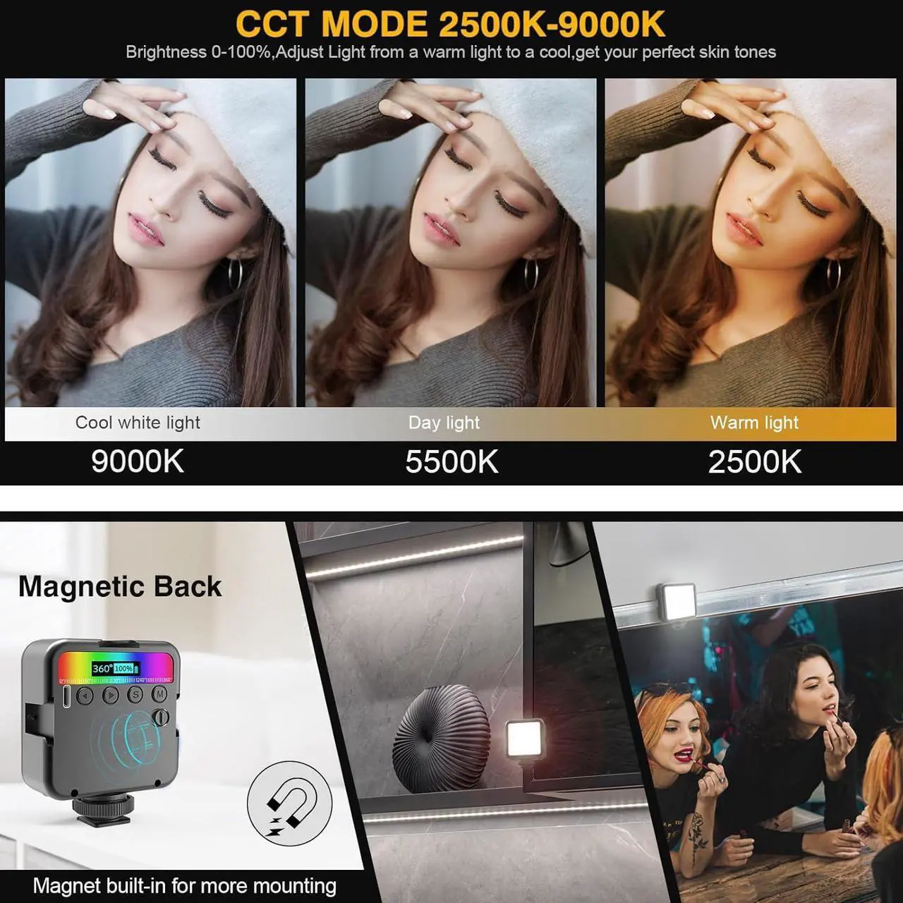 Alt view image 5 of 7 - Magnetic RGB Led Video Light LED Camera Light 360° Full Color Portable Photography Lighting Whit 3 Cold Shoe2000mAh Rechargeable CRI 96+/2500-9900K/13 Scene (Black)