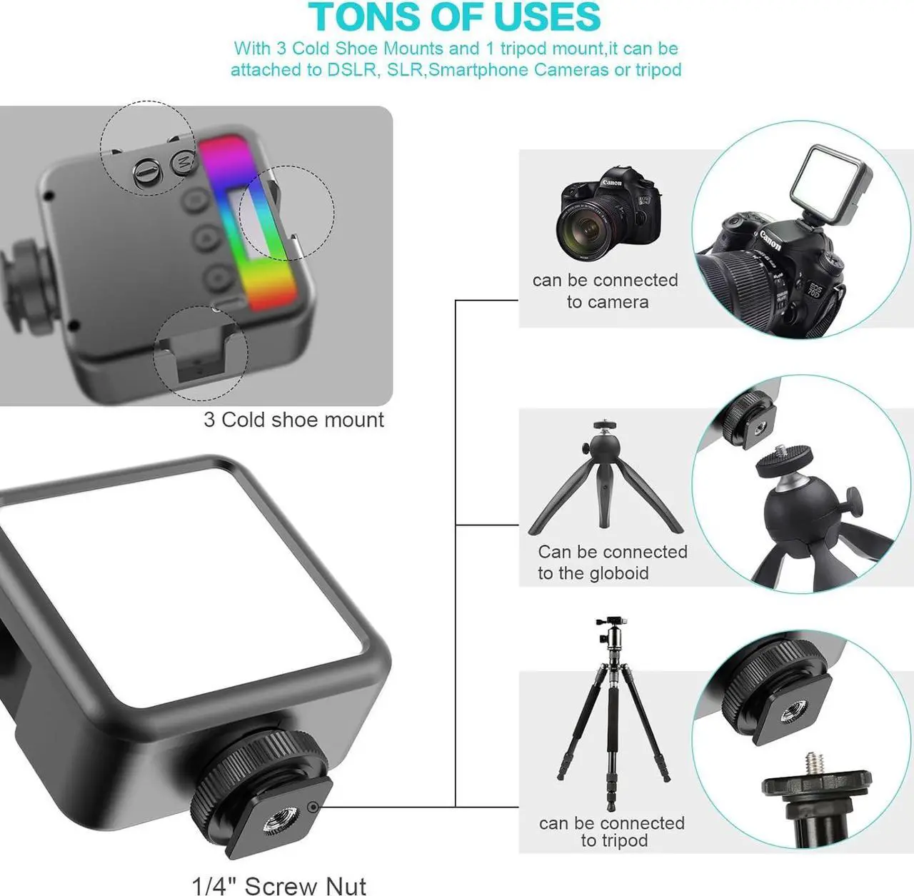 Alt view image 6 of 7 - Magnetic RGB Led Video Light LED Camera Light 360° Full Color Portable Photography Lighting Whit 3 Cold Shoe2000mAh Rechargeable CRI 96+/2500-9900K/13 Scene (Black)