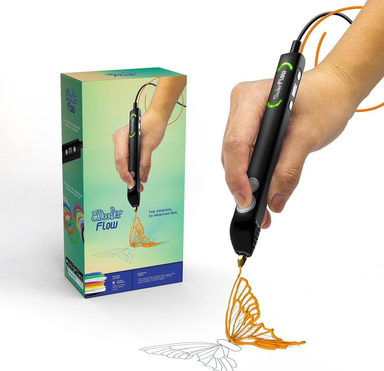 Main image of 3Doodler Flow 3D Printing Pen for Teens, Adults & Creators! - Black - with Free Refill Filaments + Stencil Book + Getting Started Guide