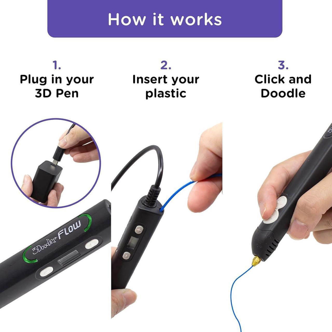 Alt view image 3 of 7 - 3Doodler Flow 3D Printing Pen for Teens, Adults & Creators! - Black - with Free Refill Filaments + Stencil Book + Getting Started Guide