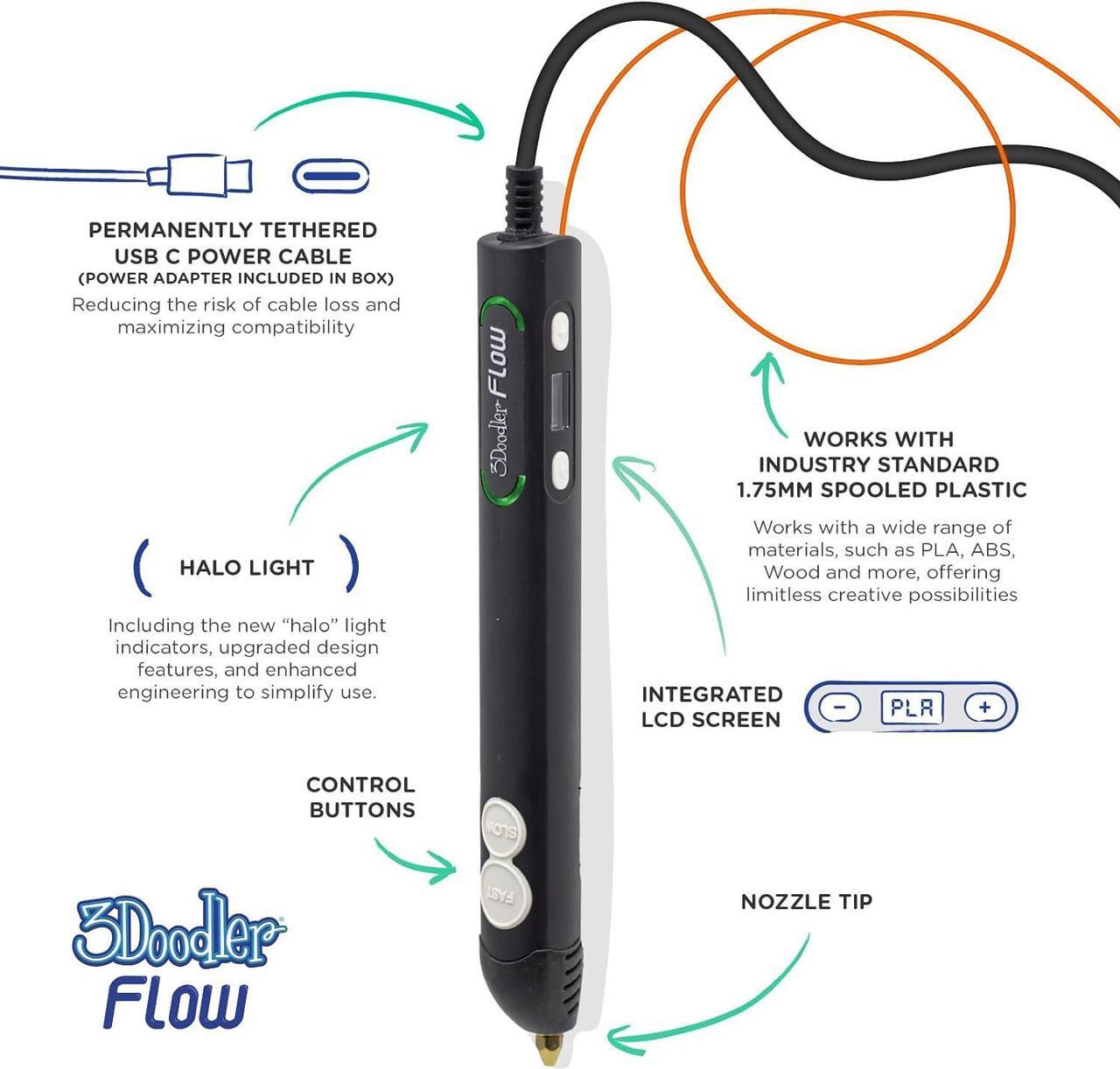 Alt view image 4 of 7 - 3Doodler Flow 3D Printing Pen for Teens, Adults & Creators! - Black - with Free Refill Filaments + Stencil Book + Getting Started Guide