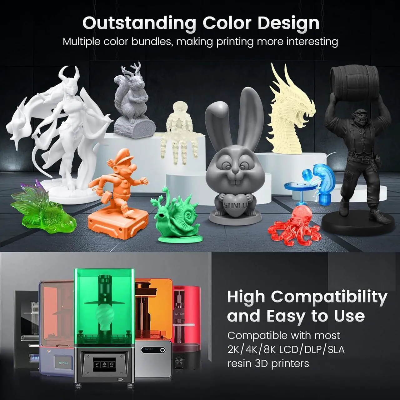 Alt view image 6 of 7 - SUNLU ABS Like 3D Printer Resin Bundle Multicolor, Fast Curing 3D Printing Liquid Photopolymer Resin, 395 to 405nm UV Curing, 2kg in Total, 0.5kg per Bottle, 4 Packs, Grey+White+Clear Blue+Clear Red