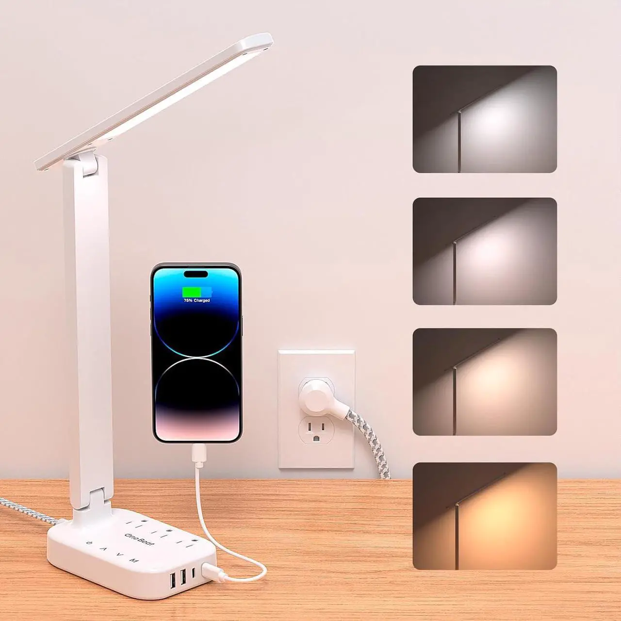 Main image of Power Strip with LED Desk Lamp, 3 Outlets 4 USB Ports(2 USBC) 4 Modes 5 Level Touch Lamp Small Desk Lamp for Home Office Bedroom Bedside, Study Reading Light, 5ft Extension Cord, Dorm Room Essentials
