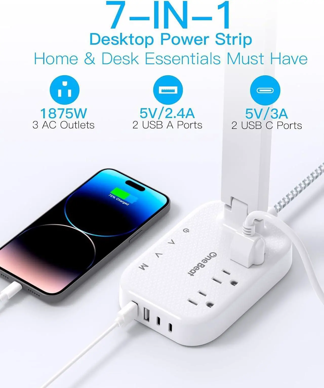 Alt view image 2 of 7 - Power Strip with LED Desk Lamp, 3 Outlets 4 USB Ports(2 USBC) 4 Modes 5 Level Touch Lamp Small Desk Lamp for Home Office Bedroom Bedside, Study Reading Light, 5ft Extension Cord, Dorm Room Essentials