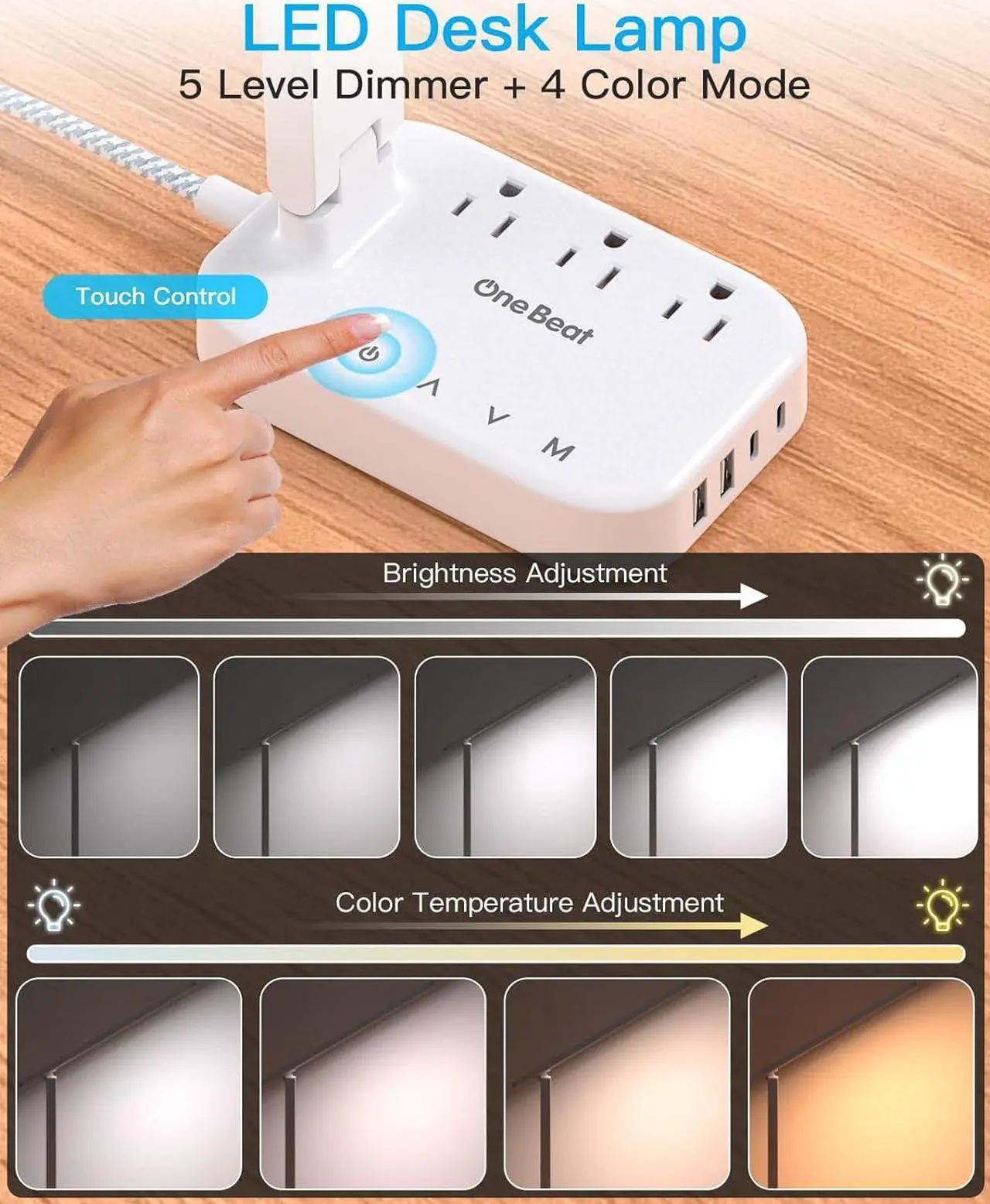 Alt view image 3 of 7 - Power Strip with LED Desk Lamp, 3 Outlets 4 USB Ports(2 USBC) 4 Modes 5 Level Touch Lamp Small Desk Lamp for Home Office Bedroom Bedside, Study Reading Light, 5ft Extension Cord, Dorm Room Essentials