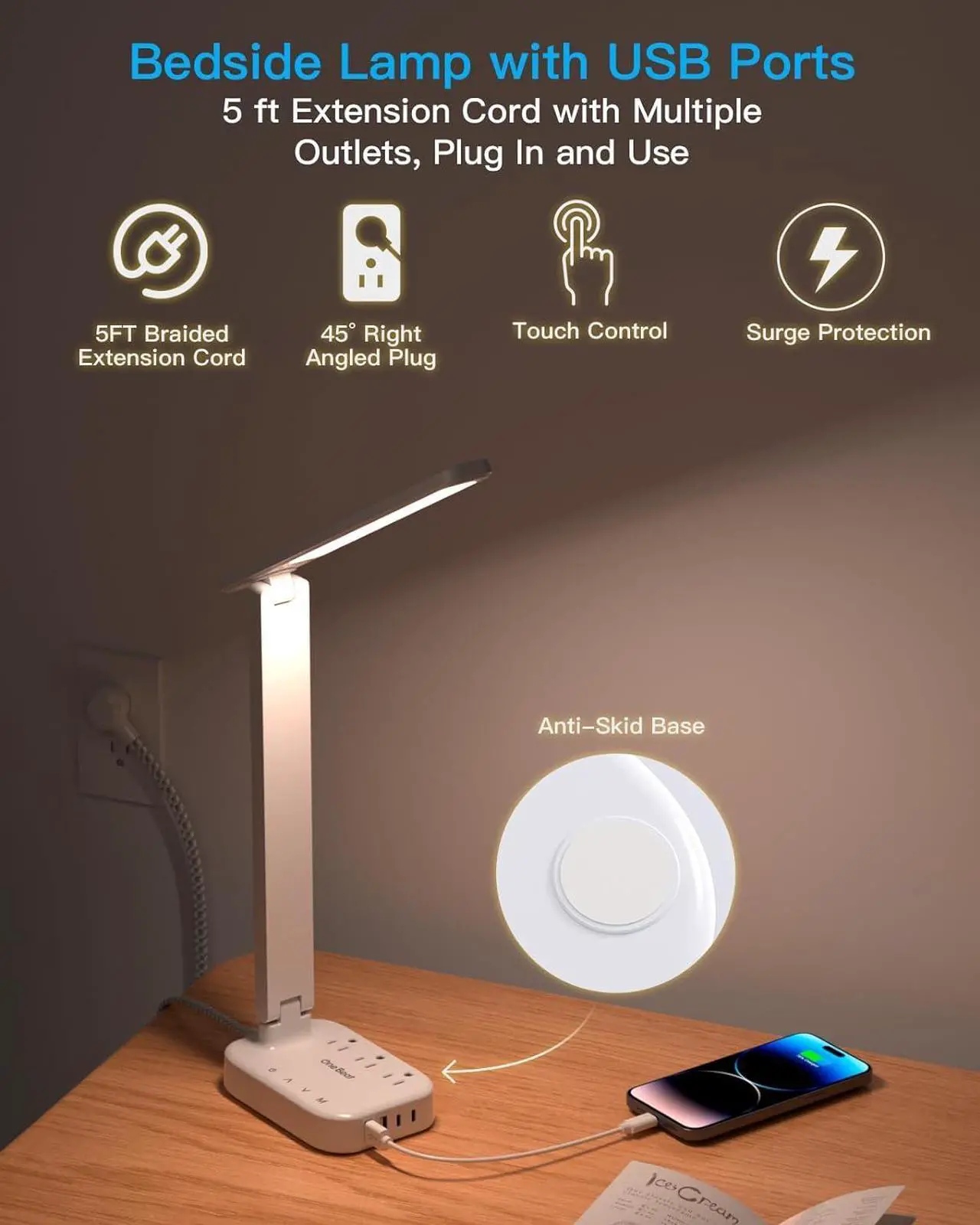 Alt view image 4 of 7 - Power Strip with LED Desk Lamp, 3 Outlets 4 USB Ports(2 USBC) 4 Modes 5 Level Touch Lamp Small Desk Lamp for Home Office Bedroom Bedside, Study Reading Light, 5ft Extension Cord, Dorm Room Essentials
