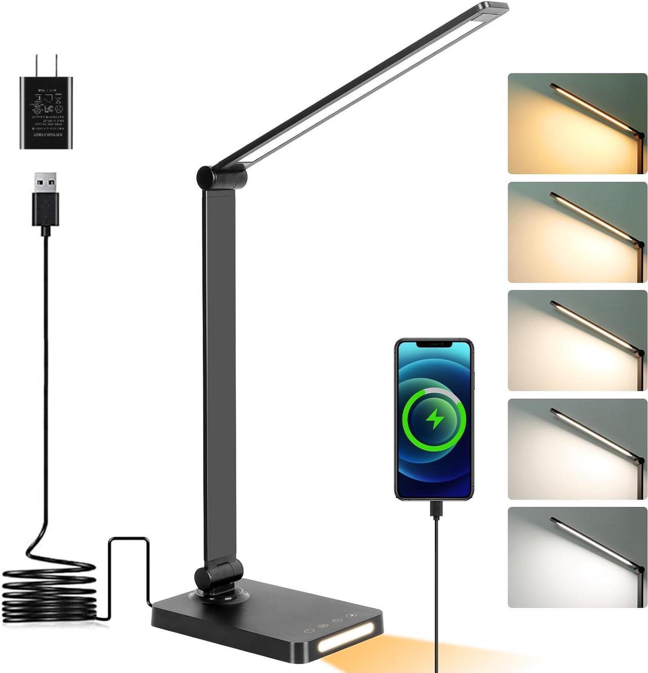 Dott Arts LED Desk Lamp with USB Ports,Touch Desk Lamps for Home Office with 5 Color Modes,3 Brightness Desk Light with Small Night Light,Reading Lamp Table LED Lamp for Bedroom Bedsid Study Black