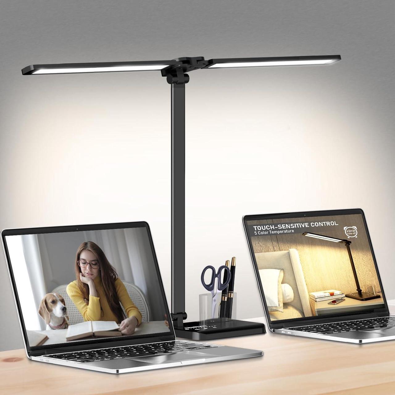 Dimmable LED Desk Lamp with USB Charging Port, 50 Lighting Modes Dual Swing Arm Architect Table Lamp Light Desk Lamp for Home Office Dorm Piano Nail