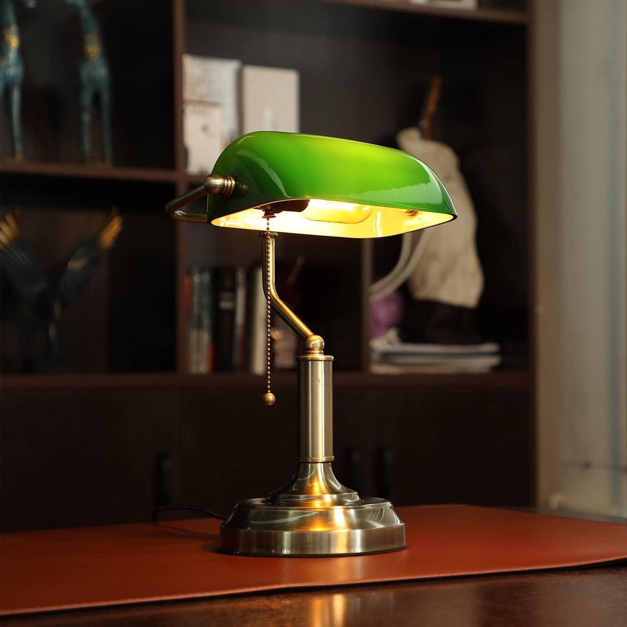 Alt view image 2 of 7 - TORCHSTAR Green Glass Bankers Desk Lamp, UL Listed, Antique Desk Lamps with Brass Base, Traditional Library Lamp with Pull Chain, E26 Base, Vintage Desk Lamp for Office, Study Room
