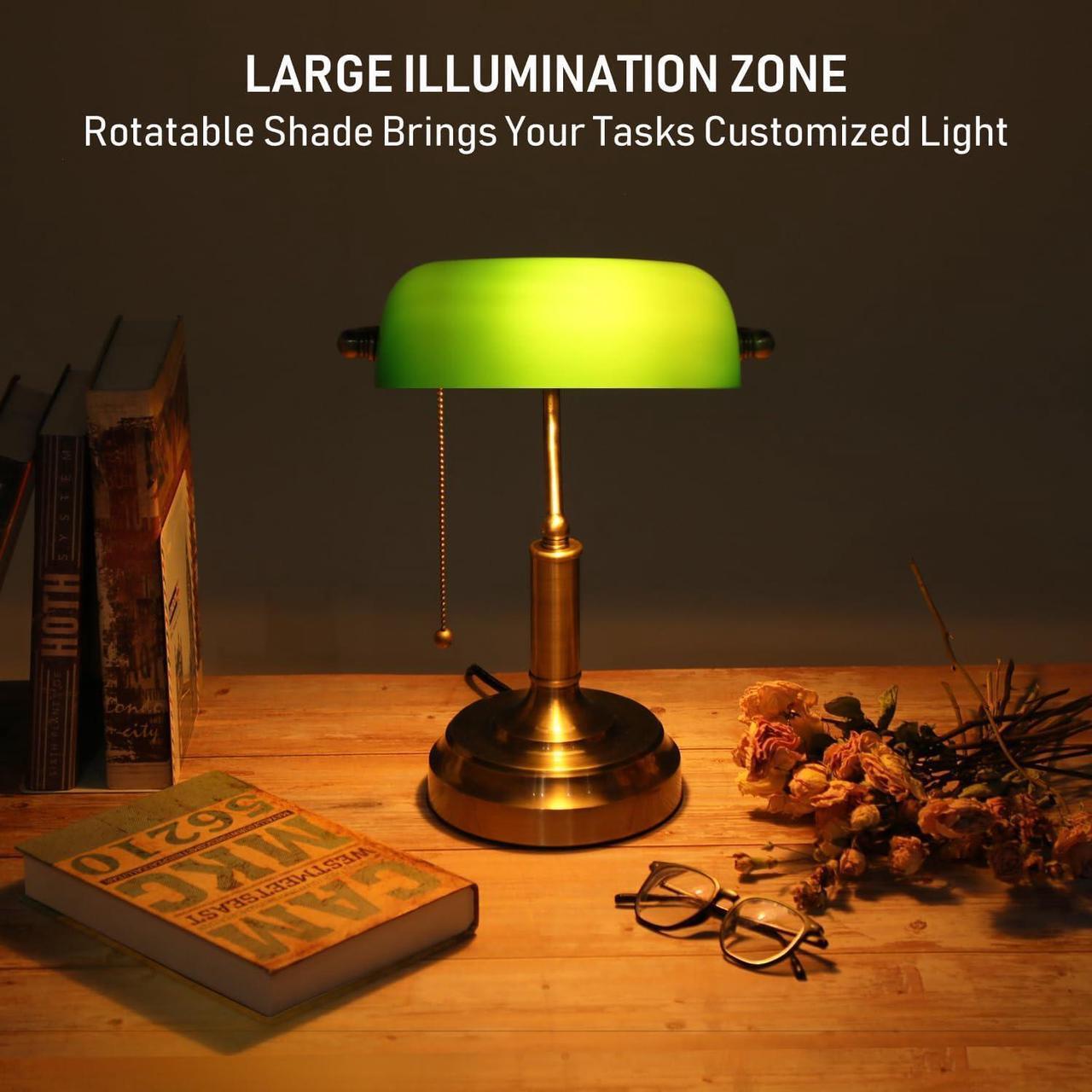 Alt view image 5 of 7 - TORCHSTAR Green Glass Bankers Desk Lamp, UL Listed, Antique Desk Lamps with Brass Base, Traditional Library Lamp with Pull Chain, E26 Base, Vintage Desk Lamp for Office, Study Room