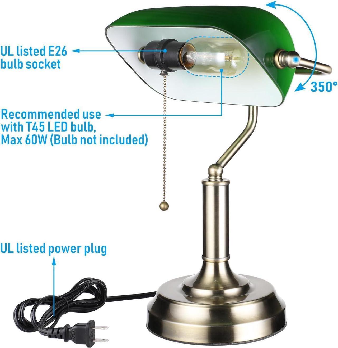 Alt view image 7 of 7 - TORCHSTAR Green Glass Bankers Desk Lamp, UL Listed, Antique Desk Lamps with Brass Base, Traditional Library Lamp with Pull Chain, E26 Base, Vintage Desk Lamp for Office, Study Room