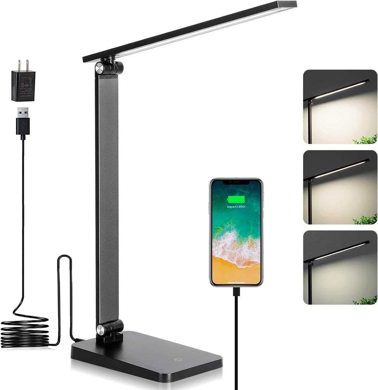 LED Desk Lamp for Home Office, 3 Levels Dimmable Desk Light with USB Charging Port, Small Study Lamp, Reading Light for Table, Black, 5000K