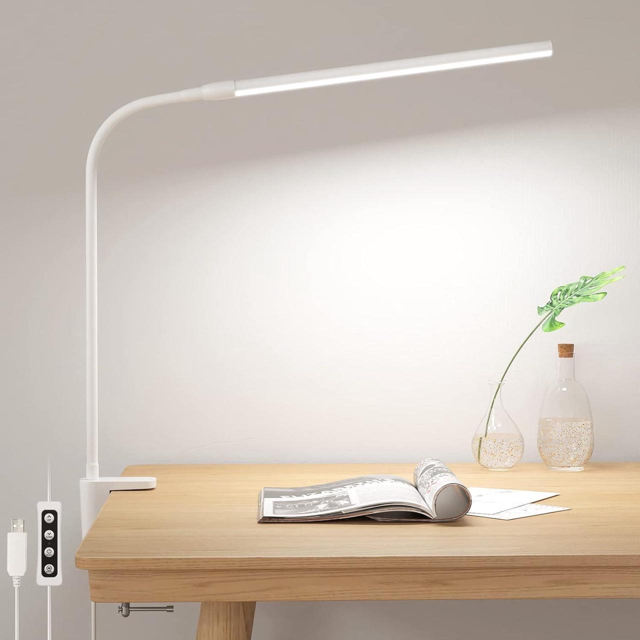 Lepro Desk Lamp with Clamp, LED Reading Lamp with 3 Color Modes 10 Brightness, Dimmable USB Clip on Desk Light with Gooseneck Swing Arm for Bed Headboard, Workbench, Home Office and Nail (White)