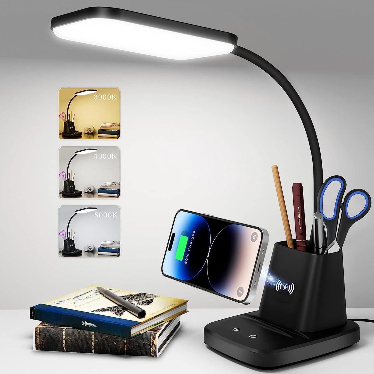 Main image of Sailstar Desk Lamp, LED Desk Lamps for Home Office, Wireless Charger Small Desk Lamp with Pen Holder, 3 Color Modes, Dimmable, CRI 85, 800 LM, Study Lamp for College Dorm Room, Adapter Included, Black