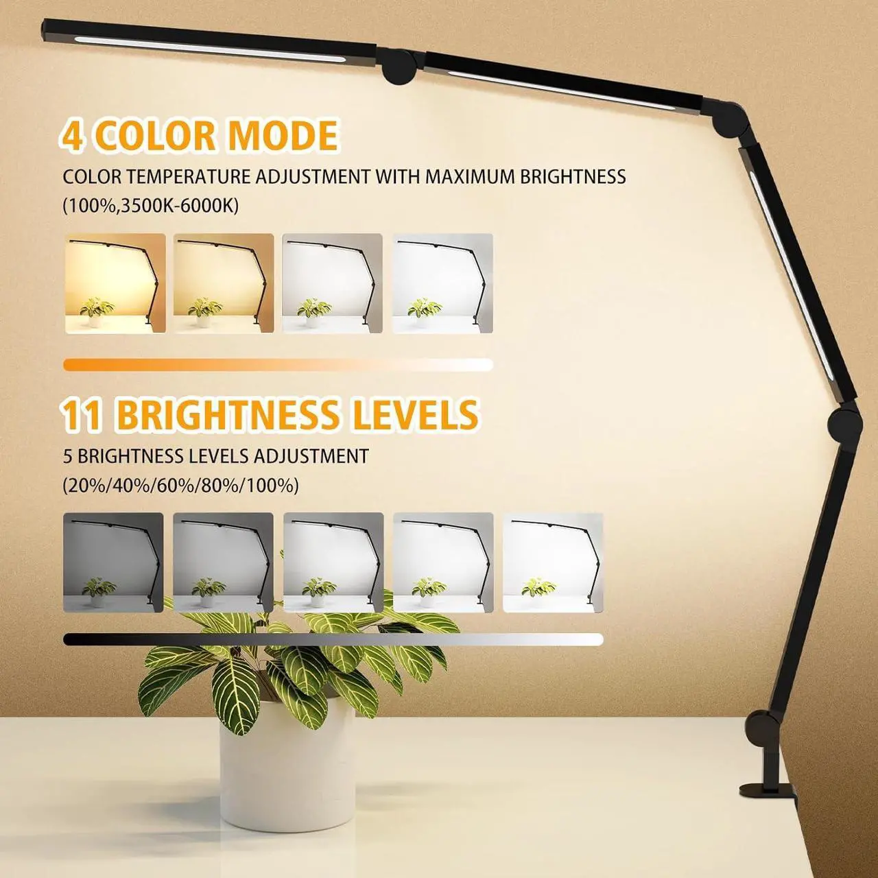 Alt view image 3 of 7 - LED Desk Lamp with Clip,Flexible 4 Section 3 Light Source Office Desk Lamp,4 Color Temperatures and 5 Brightness Level Desk Light,Night Eye Protection Task Table Lamp for Home Office Studio Study Nail