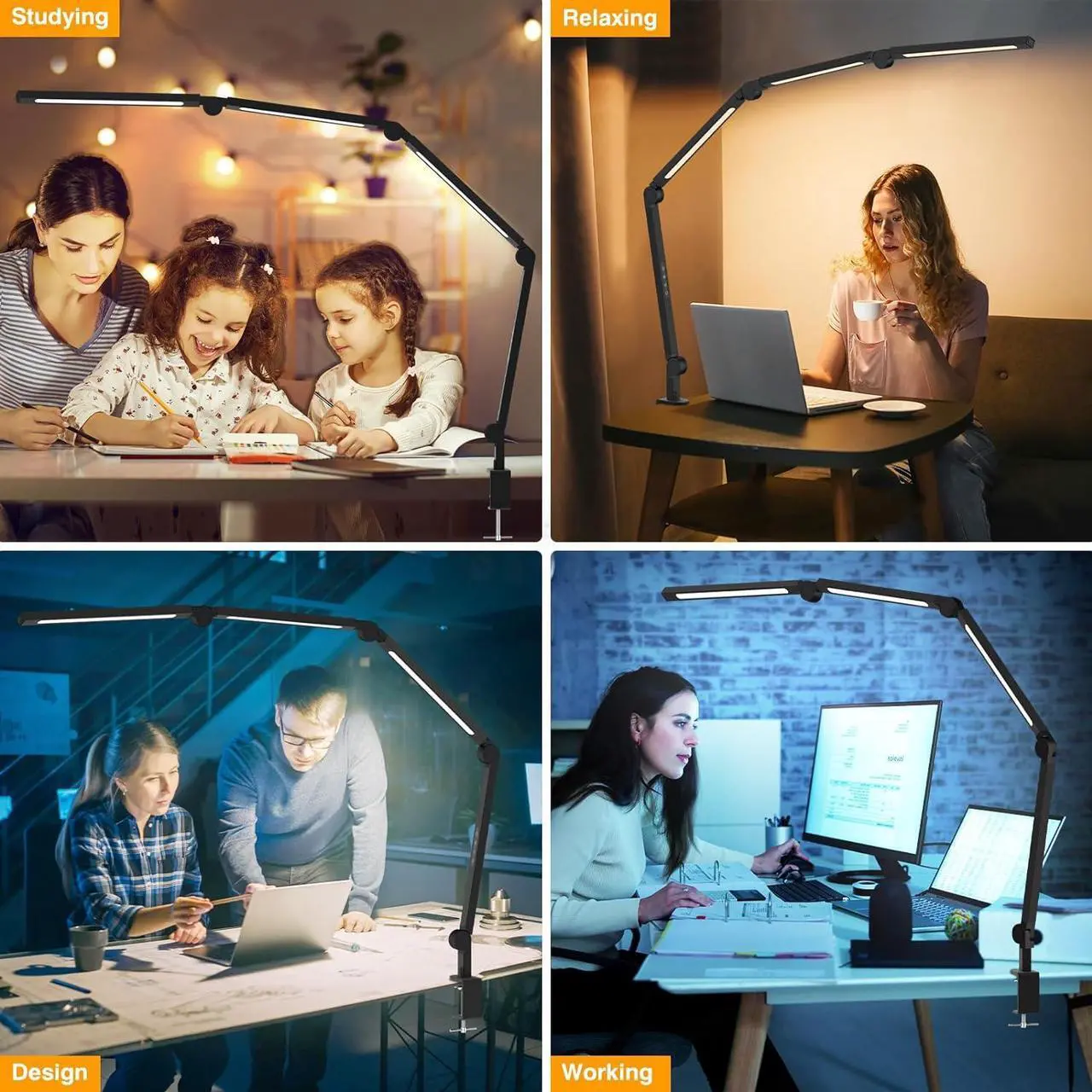 Alt view image 4 of 7 - LED Desk Lamp with Clip,Flexible 4 Section 3 Light Source Office Desk Lamp,4 Color Temperatures and 5 Brightness Level Desk Light,Night Eye Protection Task Table Lamp for Home Office Studio Study Nail