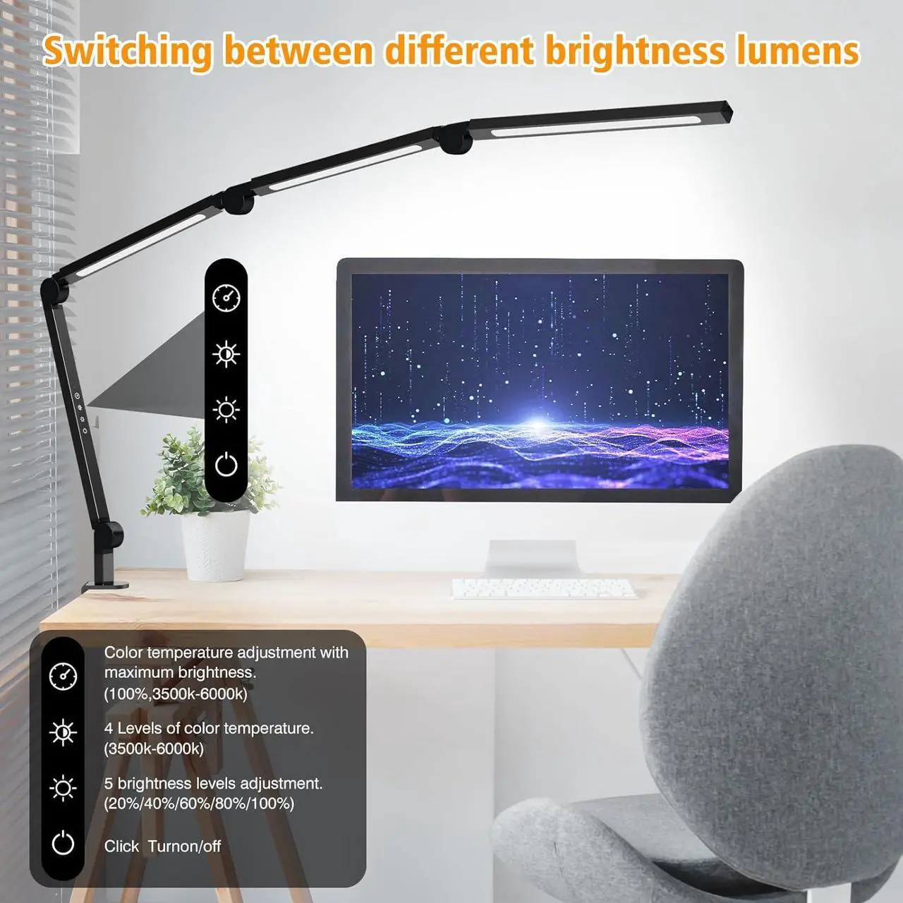 Alt view image 5 of 7 - LED Desk Lamp with Clip,Flexible 4 Section 3 Light Source Office Desk Lamp,4 Color Temperatures and 5 Brightness Level Desk Light,Night Eye Protection Task Table Lamp for Home Office Studio Study Nail