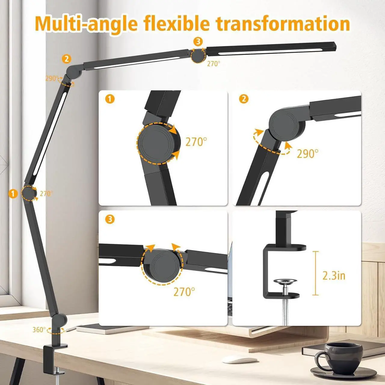 Alt view image 6 of 7 - LED Desk Lamp with Clip,Flexible 4 Section 3 Light Source Office Desk Lamp,4 Color Temperatures and 5 Brightness Level Desk Light,Night Eye Protection Task Table Lamp for Home Office Studio Study Nail
