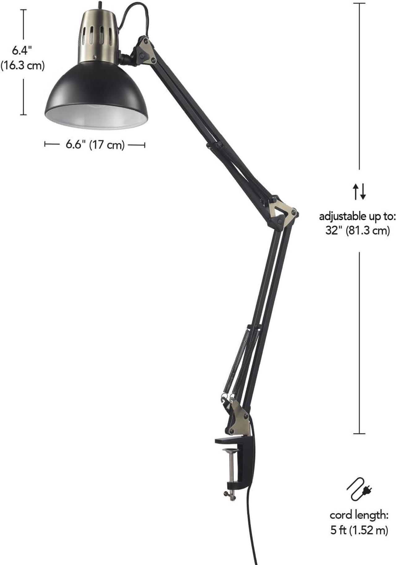 Alt view image 2 of 7 - Globe Electric 62000009 32" Multi-Joint Desk Lamp with Metal Clamp, Matte Black, Antique Brass Accents, On/Off Rotary Switch on Shade, Partially Adjustable Swing Arm, Home Décor, Office Accessory