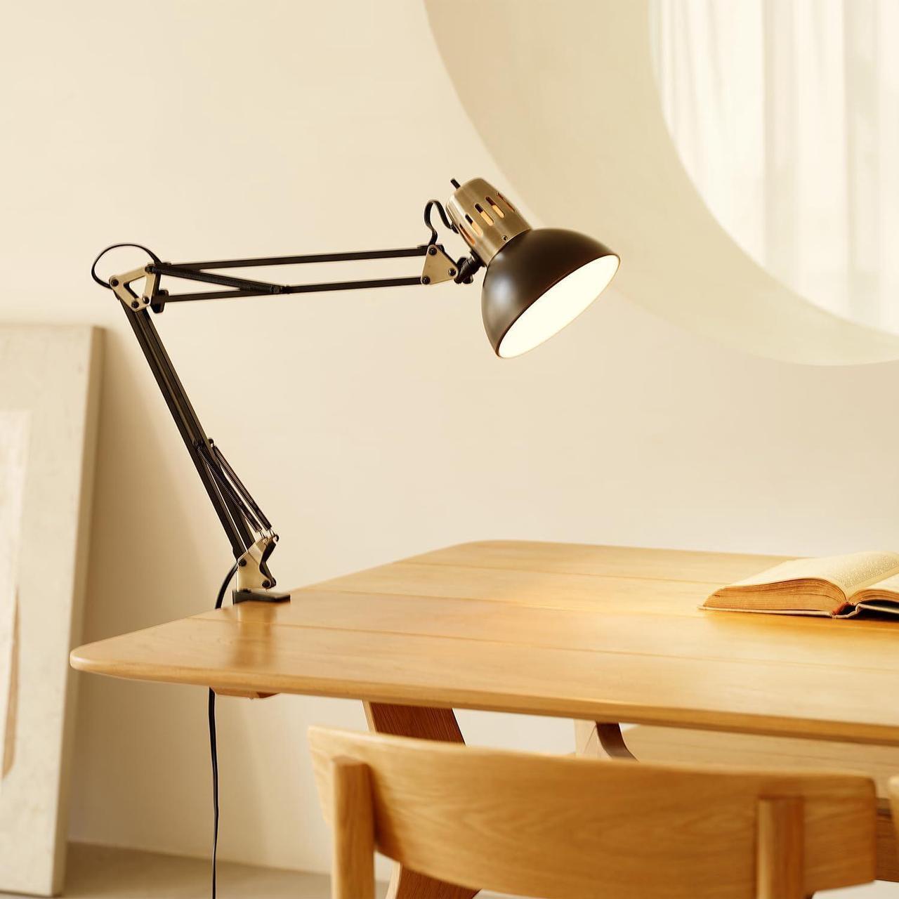 Alt view image 3 of 7 - Globe Electric 62000009 32" Multi-Joint Desk Lamp with Metal Clamp, Matte Black, Antique Brass Accents, On/Off Rotary Switch on Shade, Partially Adjustable Swing Arm, Home Décor, Office Accessory