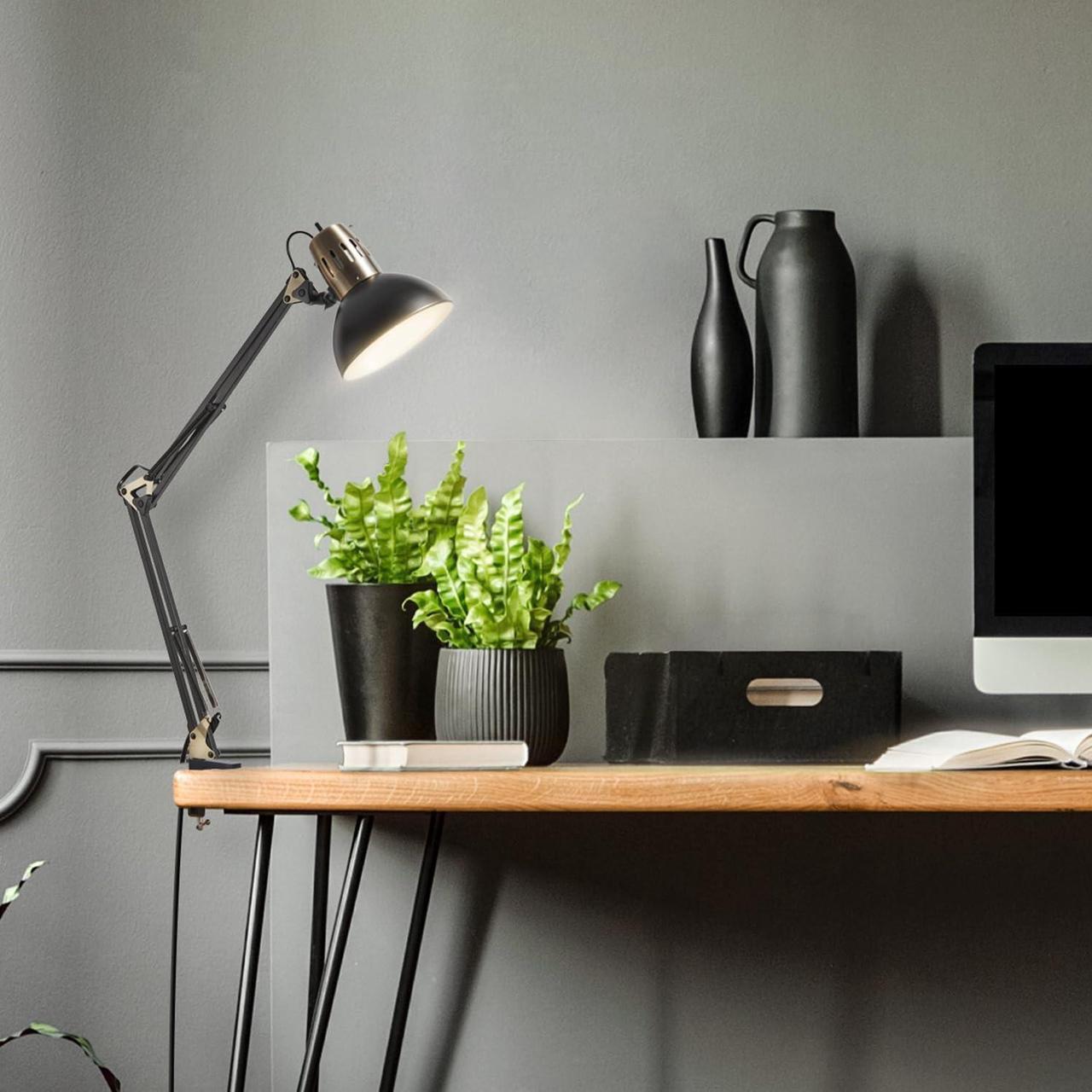 Alt view image 5 of 7 - Globe Electric 62000009 32" Multi-Joint Desk Lamp with Metal Clamp, Matte Black, Antique Brass Accents, On/Off Rotary Switch on Shade, Partially Adjustable Swing Arm, Home Décor, Office Accessory