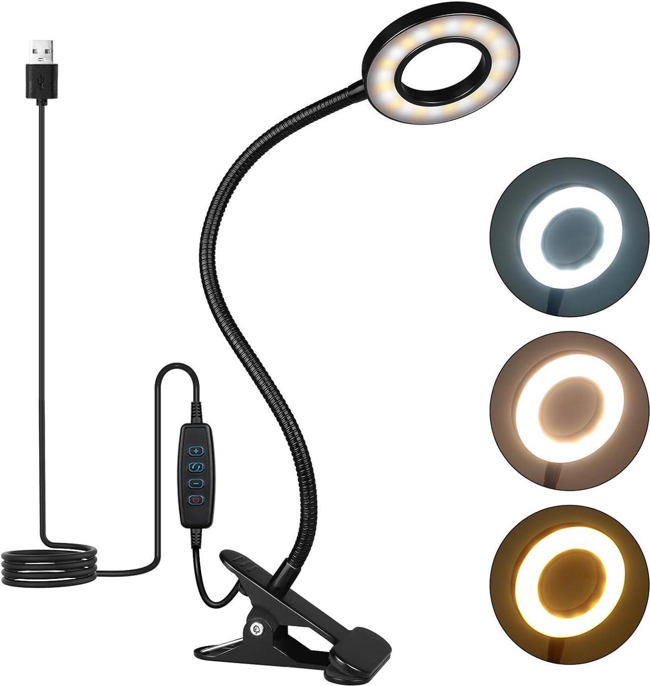 iVict Desk Lamp Clip on Light, 48 LEDs USB Clip Ring Light with 3 Color Modes 10 Dimmable Brightness, Eye Protection Desk Light, 360° Flexible Gooseneck for Desk Headboard Reading