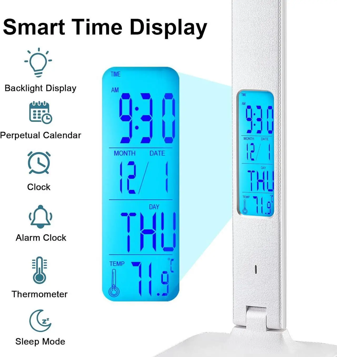 Alt view image 3 of 7 - LAOPAO LED Desk Lamp with Wireless Charger, USB Charging Port, Adjustable Foldable Table Lamp with Clock, Alarm, Date, Temperature, 5-Level Dimmable Lighting, Office Lamp with Adapter, White