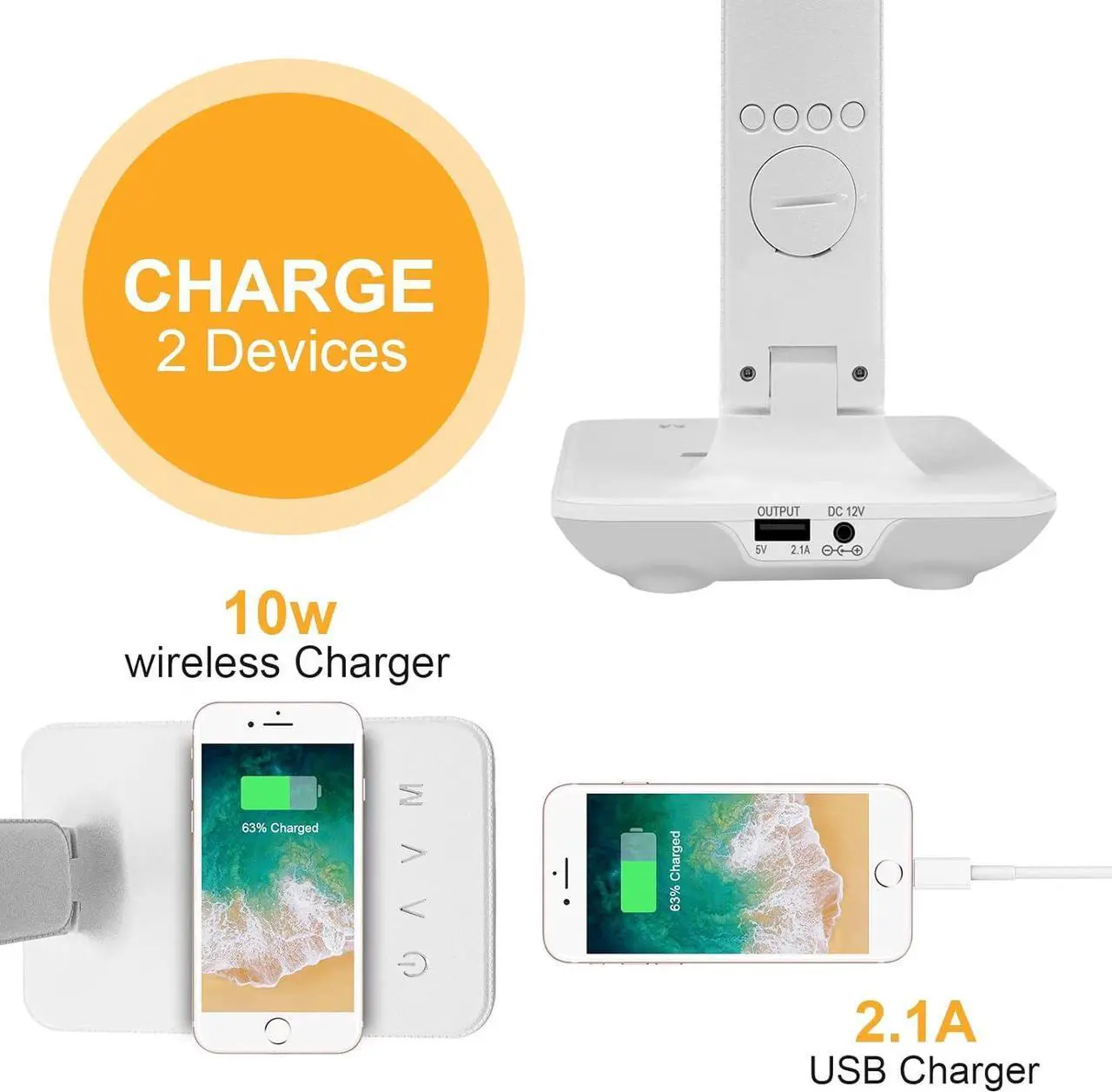 Alt view image 5 of 7 - LAOPAO LED Desk Lamp with Wireless Charger, USB Charging Port, Adjustable Foldable Table Lamp with Clock, Alarm, Date, Temperature, 5-Level Dimmable Lighting, Office Lamp with Adapter, White
