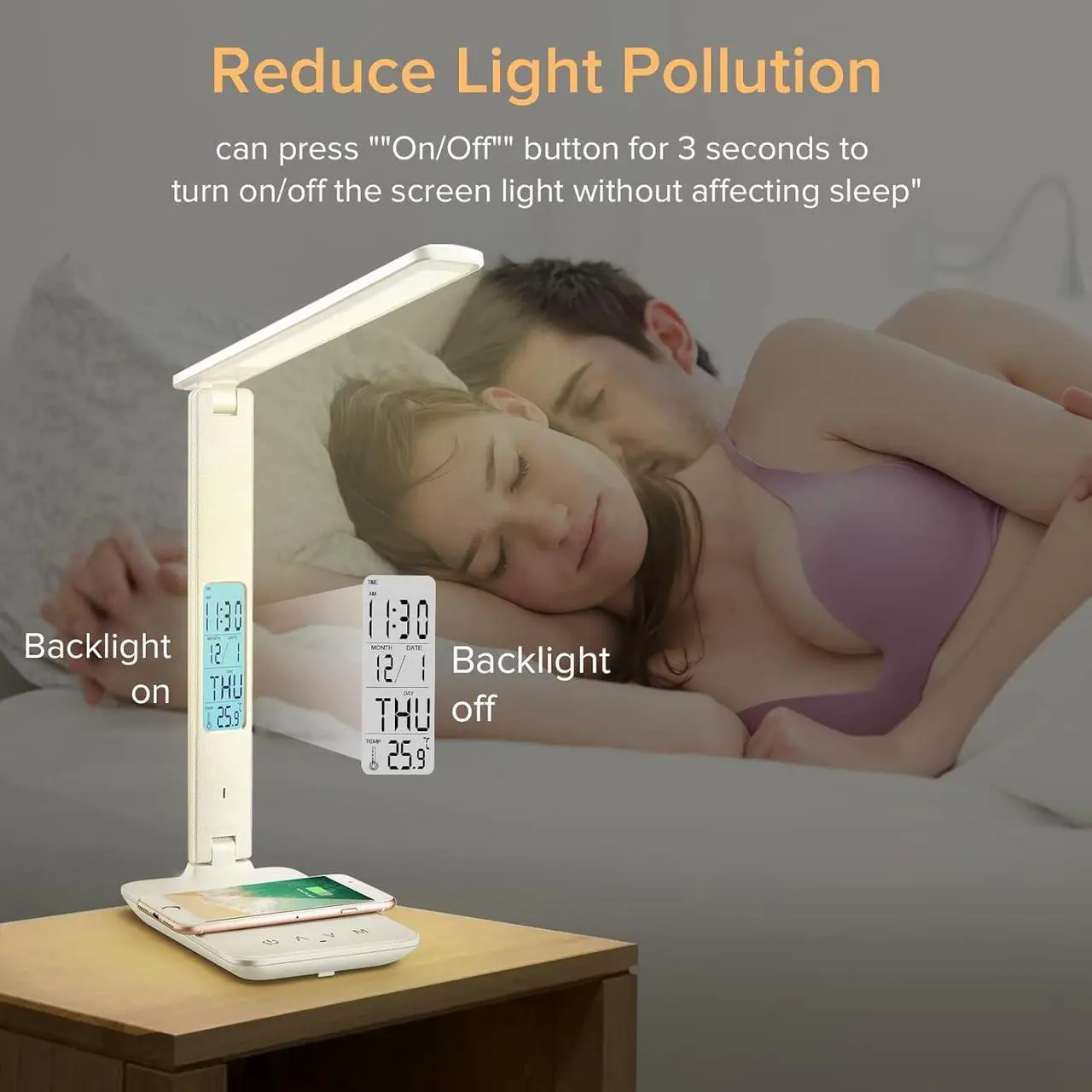 Alt view image 6 of 7 - LAOPAO LED Desk Lamp with Wireless Charger, USB Charging Port, Adjustable Foldable Table Lamp with Clock, Alarm, Date, Temperature, 5-Level Dimmable Lighting, Office Lamp with Adapter, White