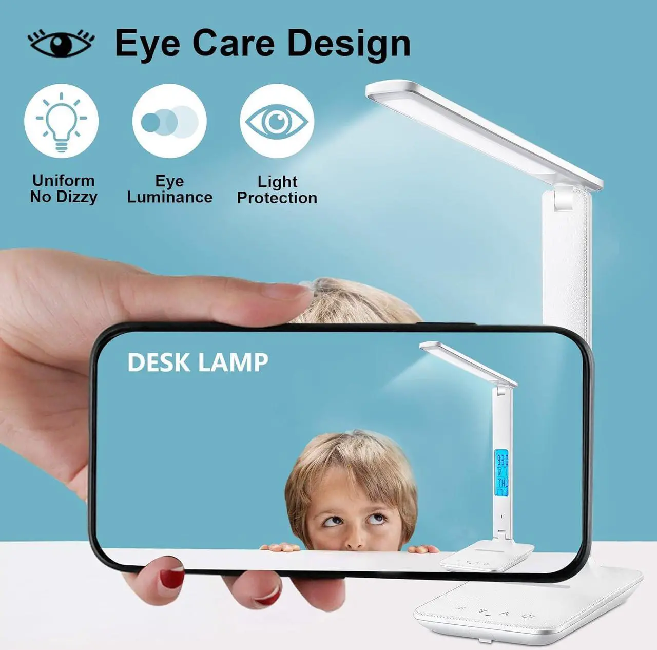 Alt view image 7 of 7 - LAOPAO LED Desk Lamp with Wireless Charger, USB Charging Port, Adjustable Foldable Table Lamp with Clock, Alarm, Date, Temperature, 5-Level Dimmable Lighting, Office Lamp with Adapter, White