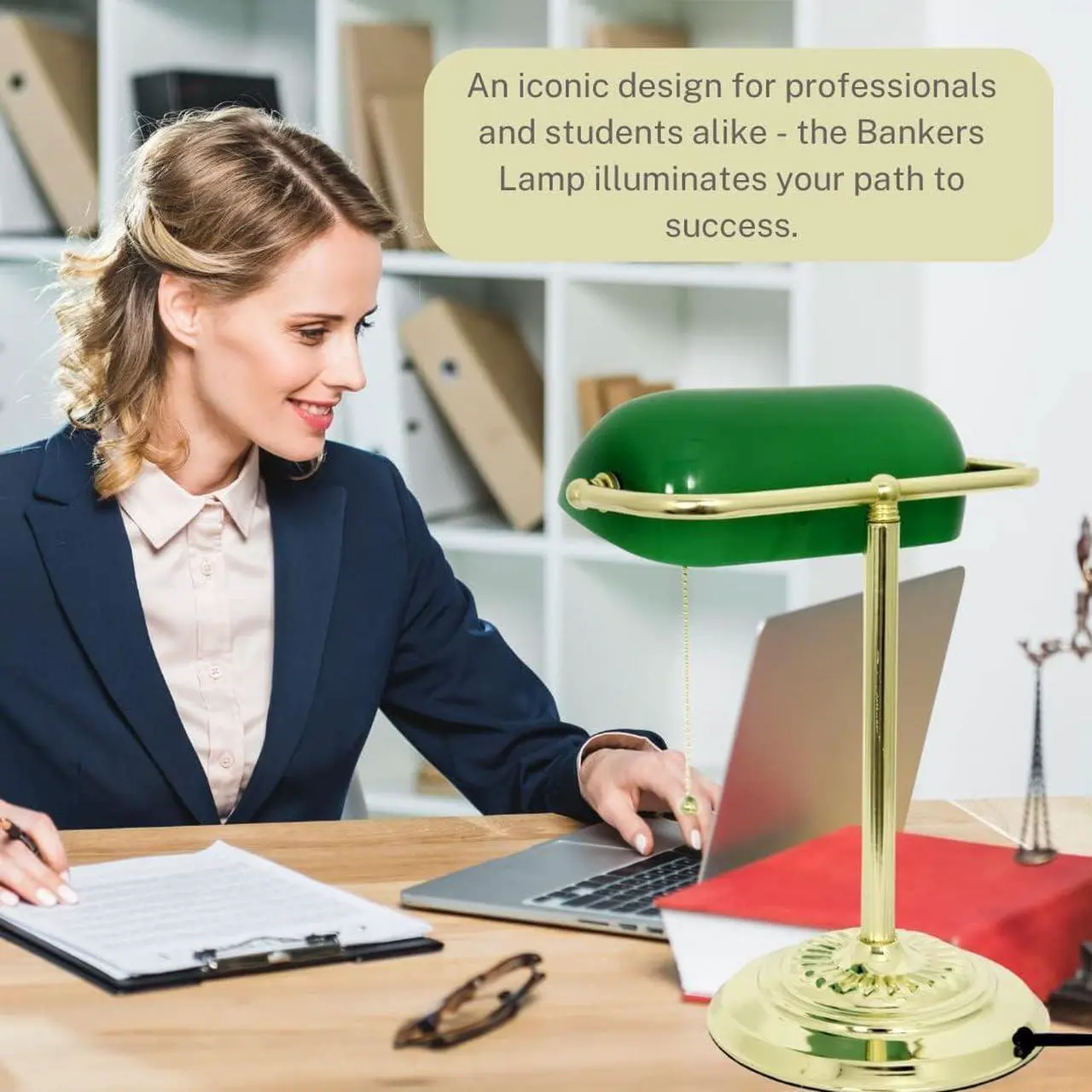 Alt view image 6 of 7 - LIGHTACCENTS Traditional Bankers Desk Lamp with Green Glass Shade and Nickel Finish - Classic Study Light Perfect for Office and Home Workspace - Elegant Small Banker Lamp for Reading