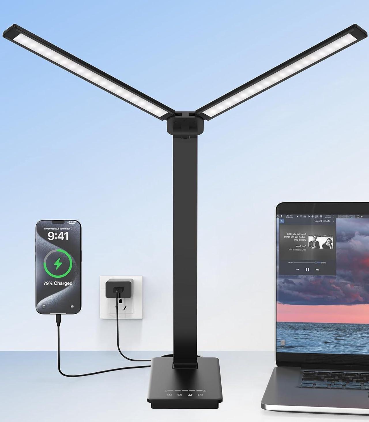 LED Desk Lamp with USB Charging Port, Black Desk Lamps Bright Desk Light with Night Light, Timer and 5 Light Modes for Home Office College Dorm Room