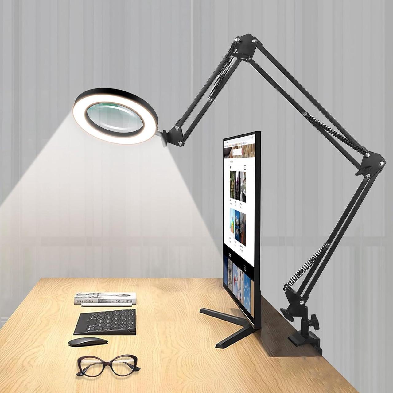 Main image of Magnifying Glass Desk Lamp with 3-Section Swing Arm and Big Clamp, Magnifying Glass with Light and Clamp, 8X Wide Desk Magnifier Light for Reading/Office/Soldering/Nail Beauty