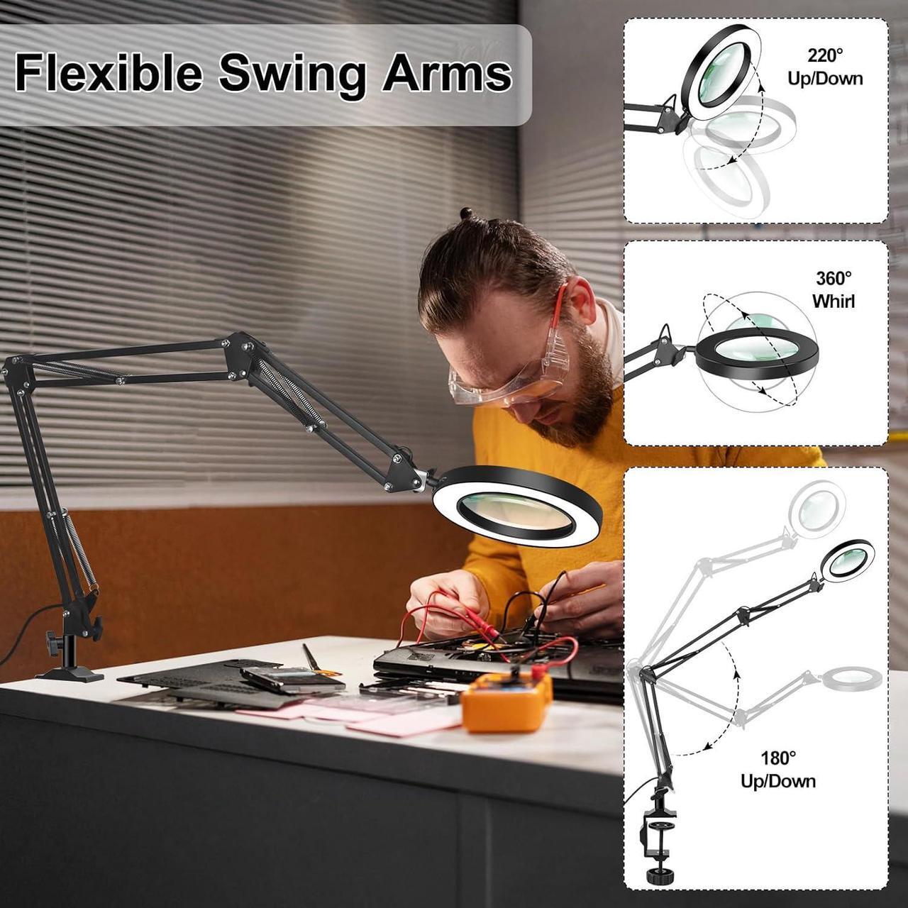 Alt view image 2 of 6 - Magnifying Glass Desk Lamp with 3-Section Swing Arm and Big Clamp, Magnifying Glass with Light and Clamp, 8X Wide Desk Magnifier Light for Reading/Office/Soldering/Nail Beauty
