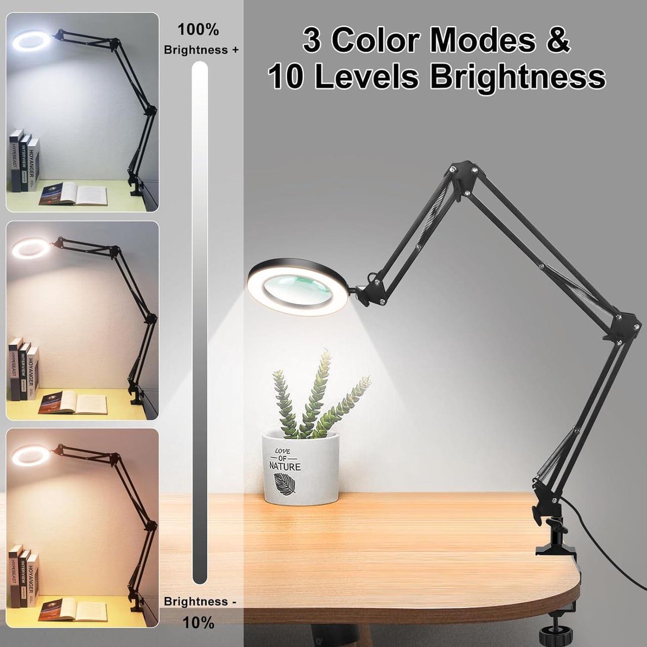 Alt view image 4 of 6 - Magnifying Glass Desk Lamp with 3-Section Swing Arm and Big Clamp, Magnifying Glass with Light and Clamp, 8X Wide Desk Magnifier Light for Reading/Office/Soldering/Nail Beauty