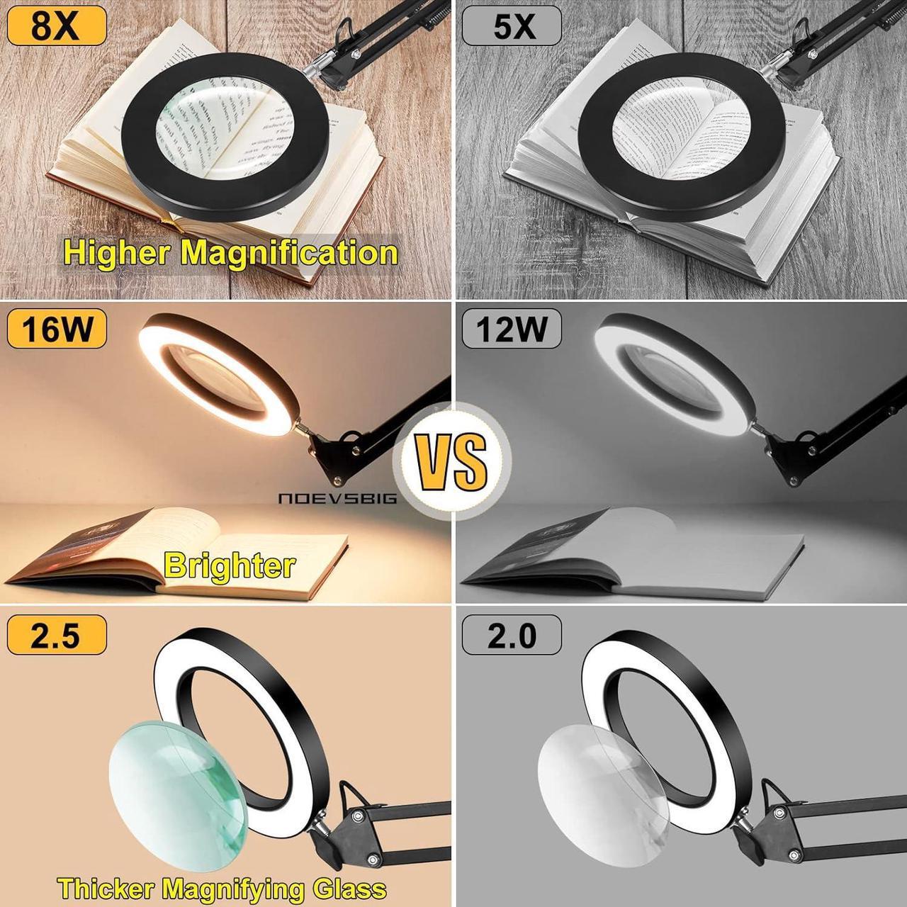 Alt view image 6 of 6 - Magnifying Glass Desk Lamp with 3-Section Swing Arm and Big Clamp, Magnifying Glass with Light and Clamp, 8X Wide Desk Magnifier Light for Reading/Office/Soldering/Nail Beauty