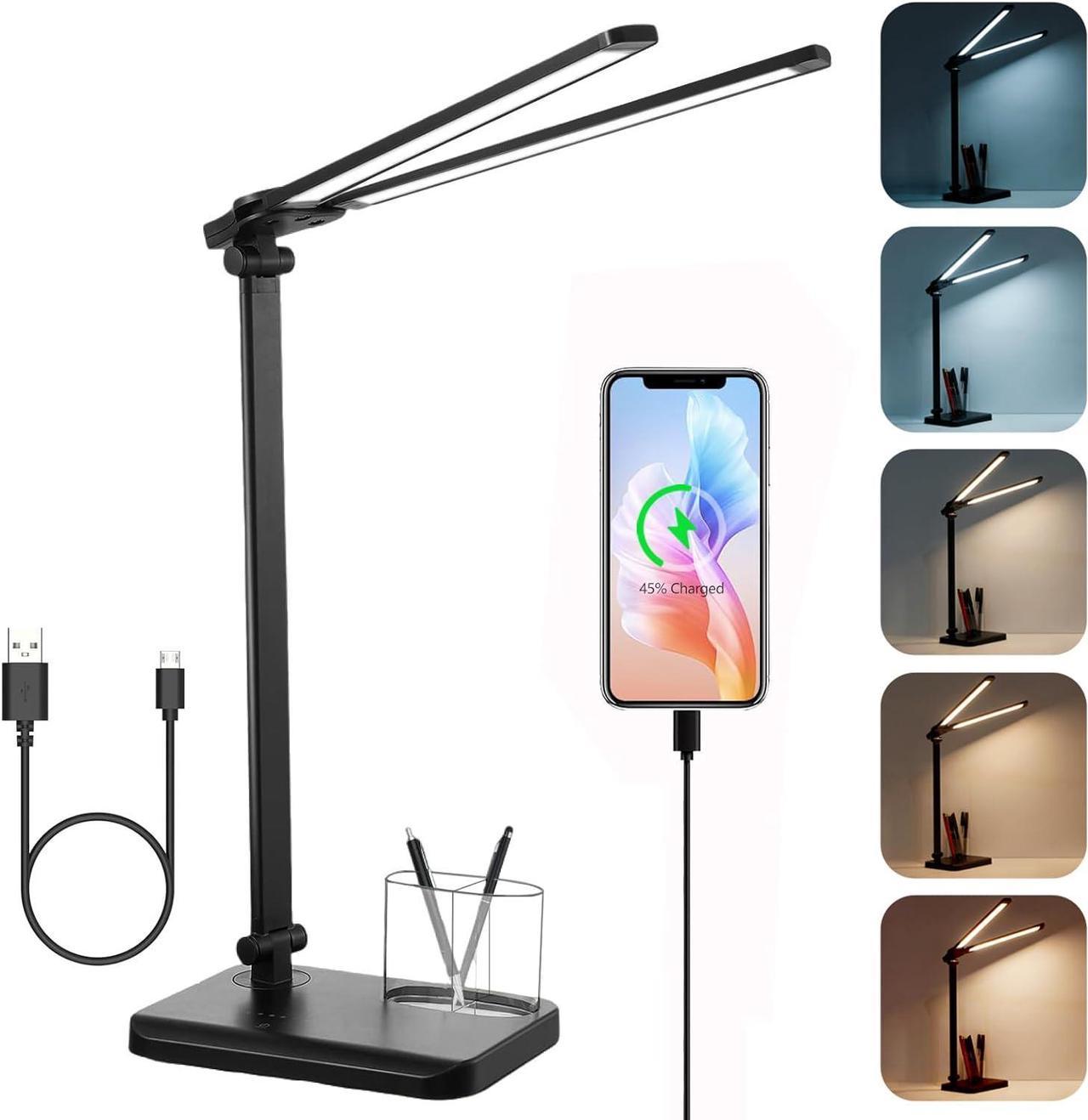 LED Desk Lamp for Home Office - Dual Swing Arm Desk Light with USB Charging Port,Eye-Caring Foldable 5 Color Modes 10 Brightness Levels Dimmable Desk Lamp for College Dorm Room (Black)