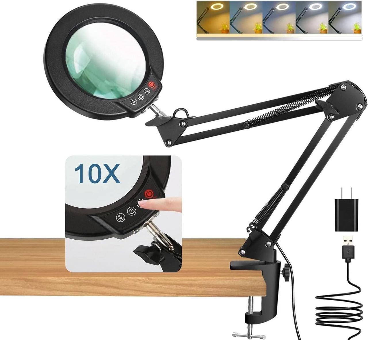 10X Magnifying Glass with Light and Clamp, Real Glass Stand Lighted Magnifier, 5 Color Modes Stepless Dimmable LED Magnifying Desk Lamp Hands Free for Craft Hobby Reading Painting Sewing Close Work