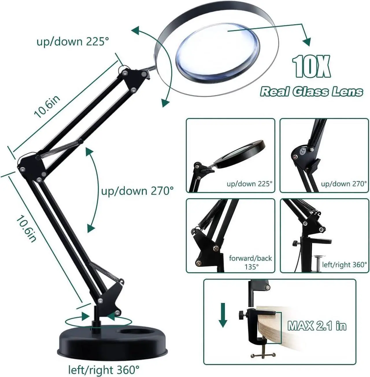 Alt view image 5 of 7 - Magnifying Glass with Light and Stand, 10X Magnifying Lamp, 2-in-1 LED Lighted Desk Magnifier with Light, Craft Light Lamp with 3 Color Modes for Close Work Reading Repair Crafts