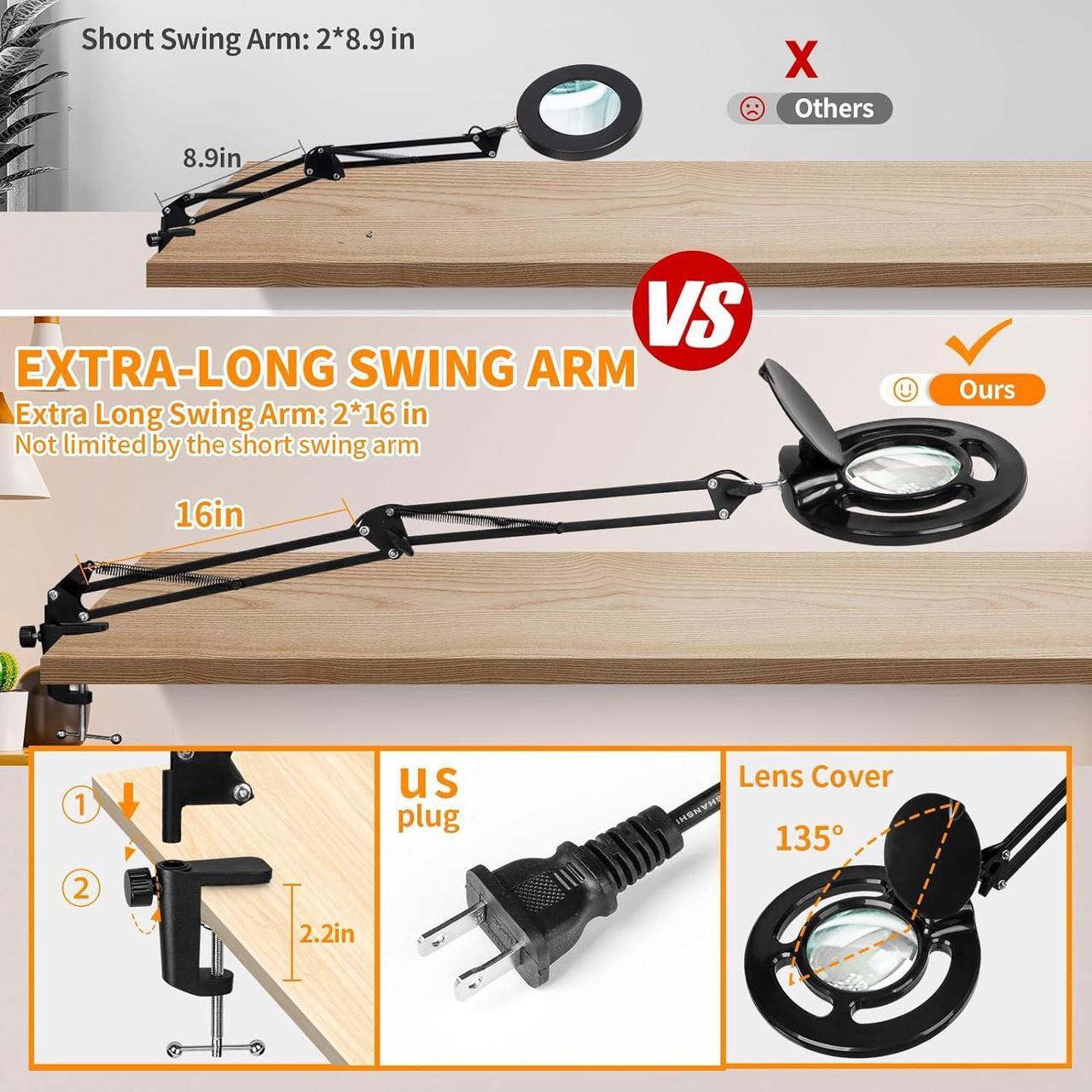 Alt view image 3 of 7 - 10X Long Magnifying Glass with Light and Stand, 2200 Lumens Dimmable Bright LED Lighted Magnifier, Ajustable Swing Arm Magnifying Desk Lamp with Clamp, Hands Free for Hobby Repair Workbench