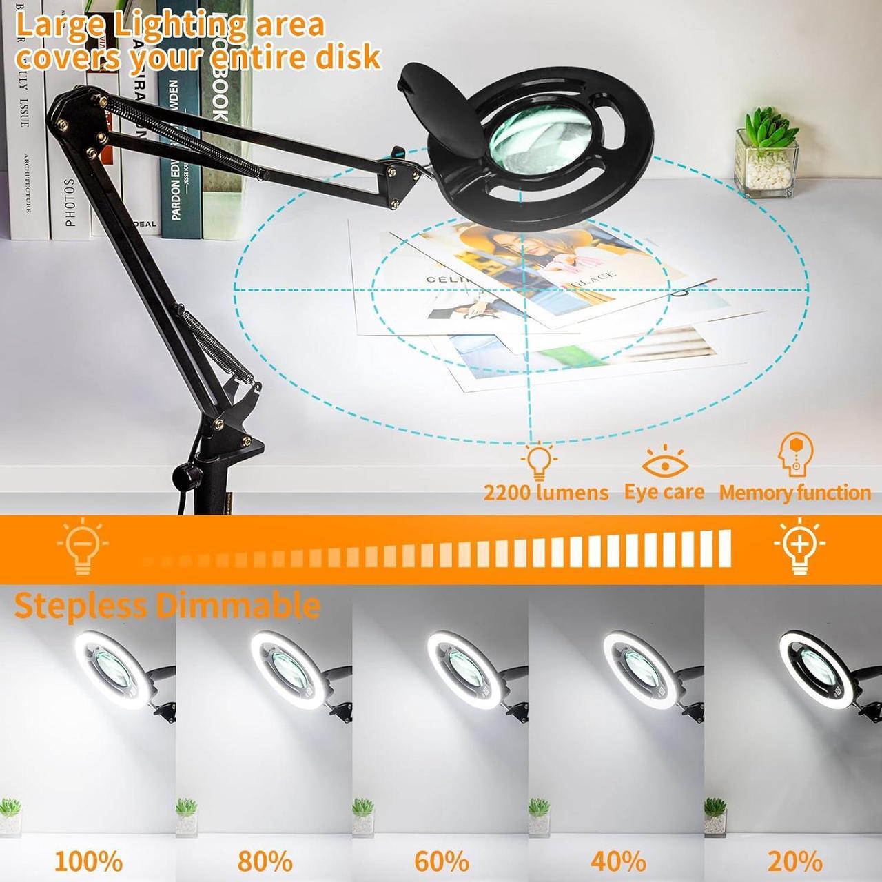 Alt view image 4 of 7 - 10X Long Magnifying Glass with Light and Stand, 2200 Lumens Dimmable Bright LED Lighted Magnifier, Ajustable Swing Arm Magnifying Desk Lamp with Clamp, Hands Free for Hobby Repair Workbench