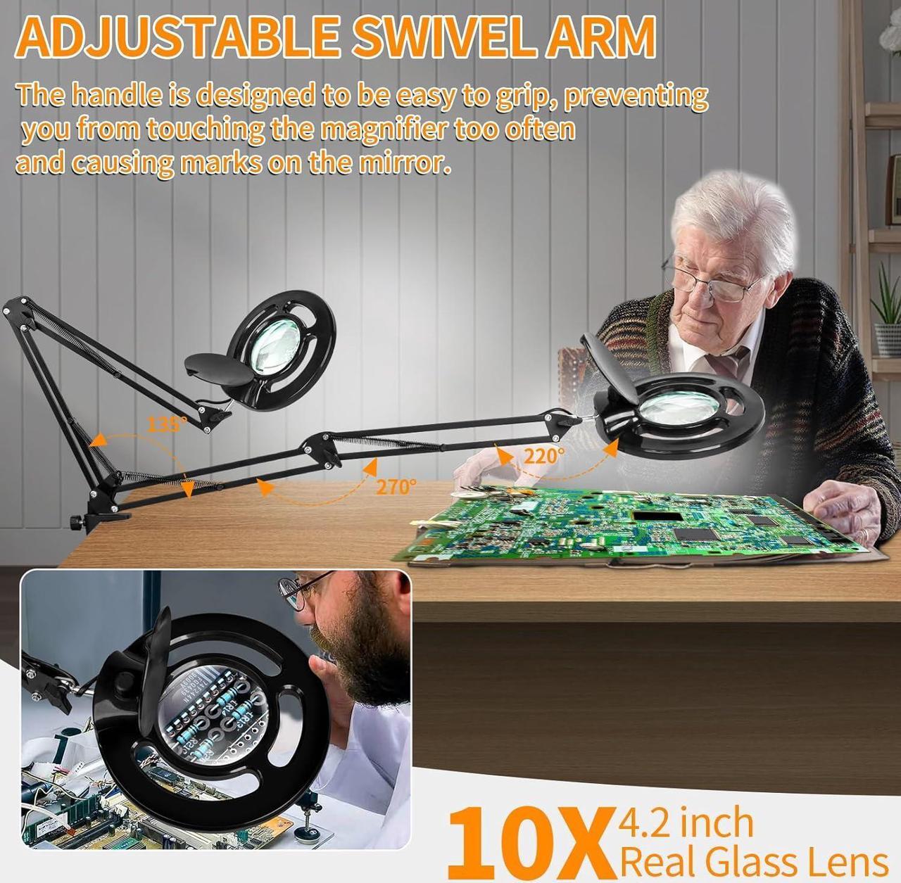 Alt view image 6 of 7 - 10X Long Magnifying Glass with Light and Stand, 2200 Lumens Dimmable Bright LED Lighted Magnifier, Ajustable Swing Arm Magnifying Desk Lamp with Clamp, Hands Free for Hobby Repair Workbench