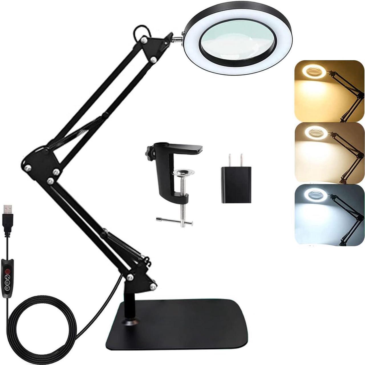 Alt view image 2 of 7 - Magnifying Glass with Light and Stand, 10X Magnifying Lamp with Clamp, 3 Color Modes Stepless Dimmable Desk Lamp, 2-in-1 Adjustable Swing Arm Lighted Magnifier Lamp for Reading, Craft