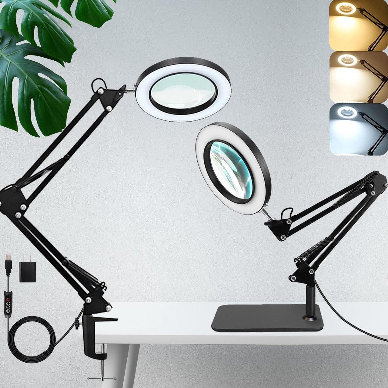 10X LED Magnifying Glass with Light, Stepless Dimmable, 3 Color Modes, Real Glass Lens Magnifying Lamp with Light Desk Lamp Clamp for Crafts, Reading, Close Work - Black