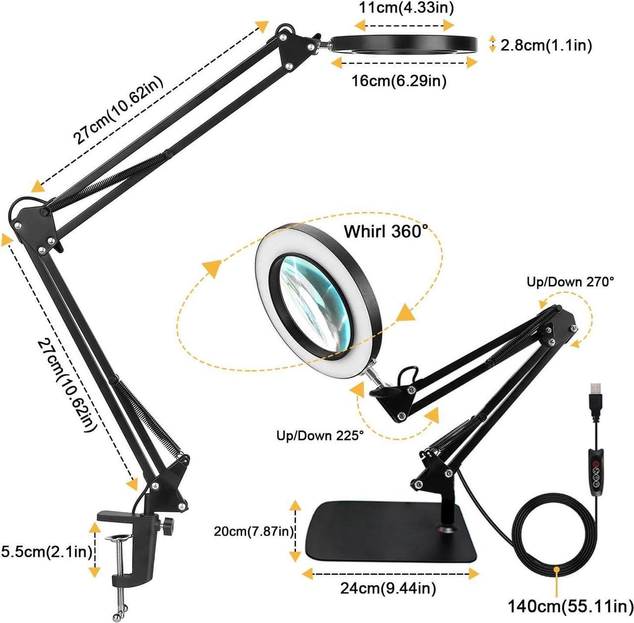 Alt view image 3 of 7 - Magnifying Glass with Light and Stand, 10X Magnifying Lamp with Clamp, 3 Color Modes Stepless Dimmable Desk Lamp, 2-in-1 Adjustable Swing Arm Lighted Magnifier Lamp for Reading, Craft